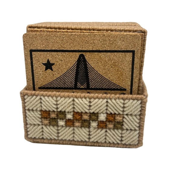 (8) Vintage Handmade Needle Point Canvas Art Coaster Set with Holder FALL Decor - Picture 5 of 12